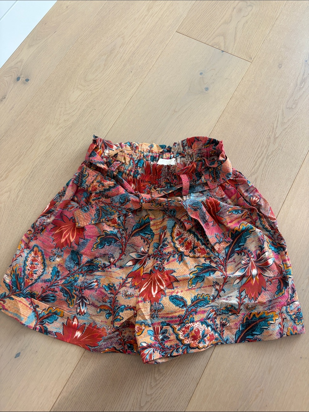 Ulla Johnson Floral Tie-Waist Shorts in Coral, Teal & Mustard